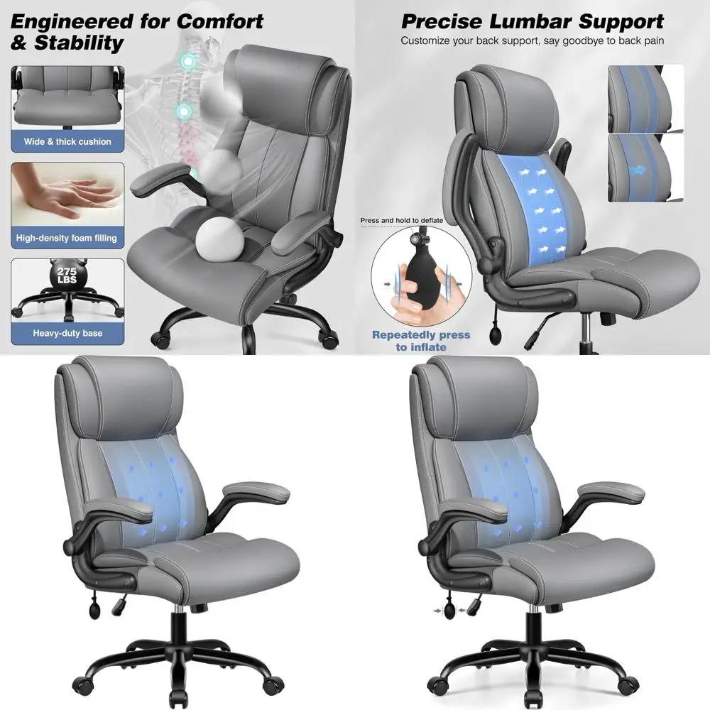 

Кожаное эргономичное кресло с высокой спинкой, поворотное, с регулируемой поясничной опорой, для офисного стола, серое