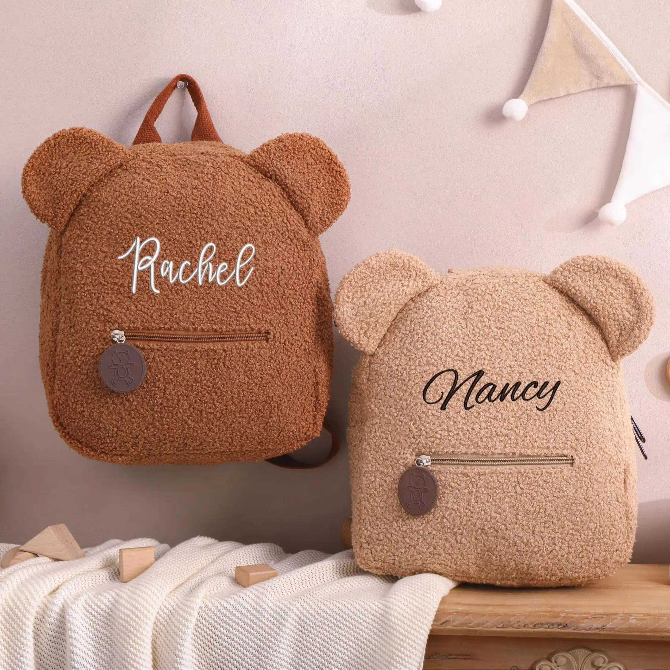 Embroidered Children Teddy Bear Backpack Custom Name Fluffy Teddy Bear Book Bag for Kids First Day of School Gift Back to School