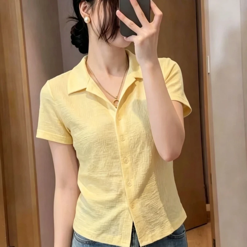 Office Lady Short Sleeve Polo Neck Solid Button Slim Shirt Tops Women Clothes Summer New Simplicity Elegant Blouse Fashion Trend