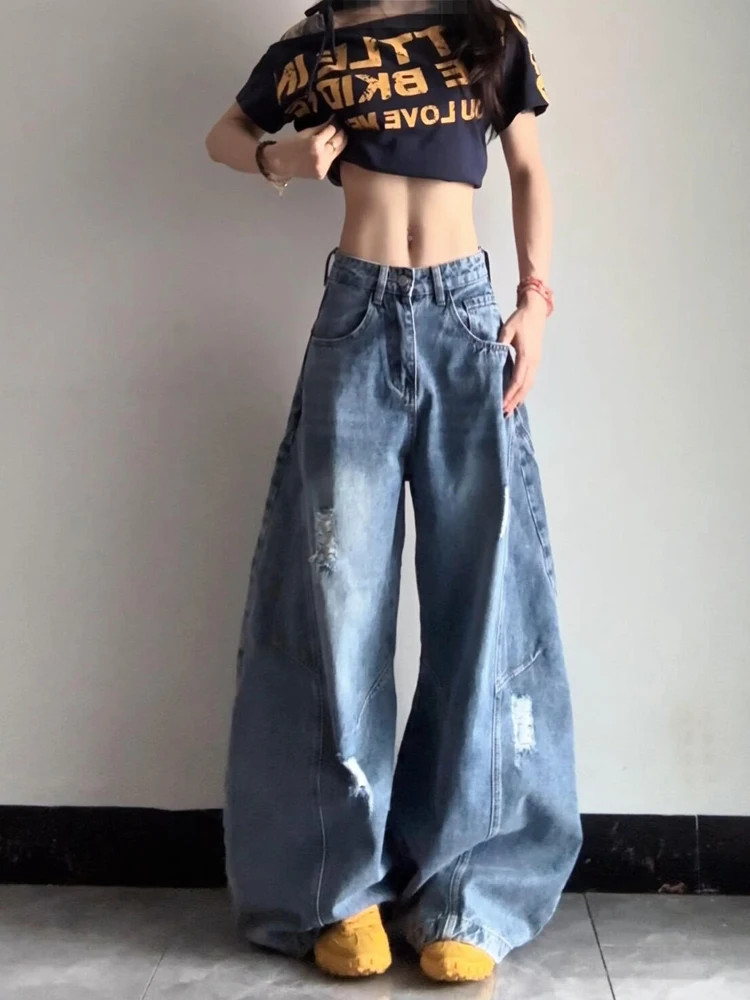 

American Style Vintage Washed Ripped Knife Jeans Women Summer Design Loose Slimming Wide Leg Floor Length Pants