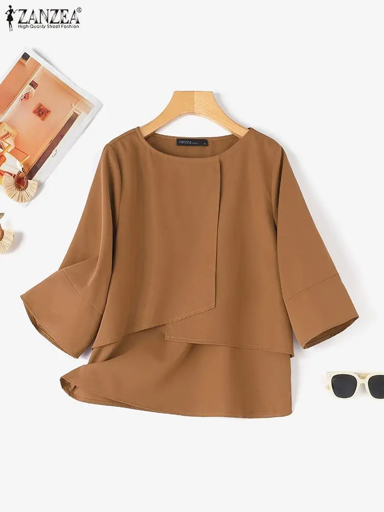 ZANZEA Women Half Sleeve Blouse 2024 Summer Double Layer Chic Tops Shirt Casual Round Neck Tunic Simple Solid Blusas Oversizd