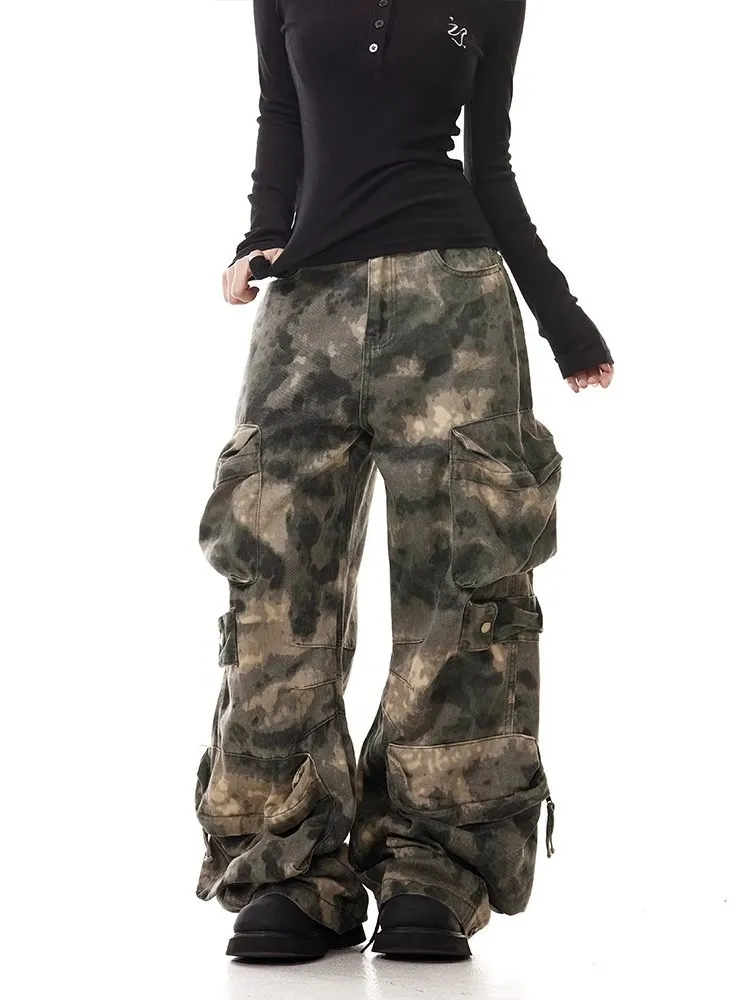 Men and Women Street Loose Wide-Leg Workwear Trousers Fashionable American Style Retro Multi-Pocket Camouflage Pants