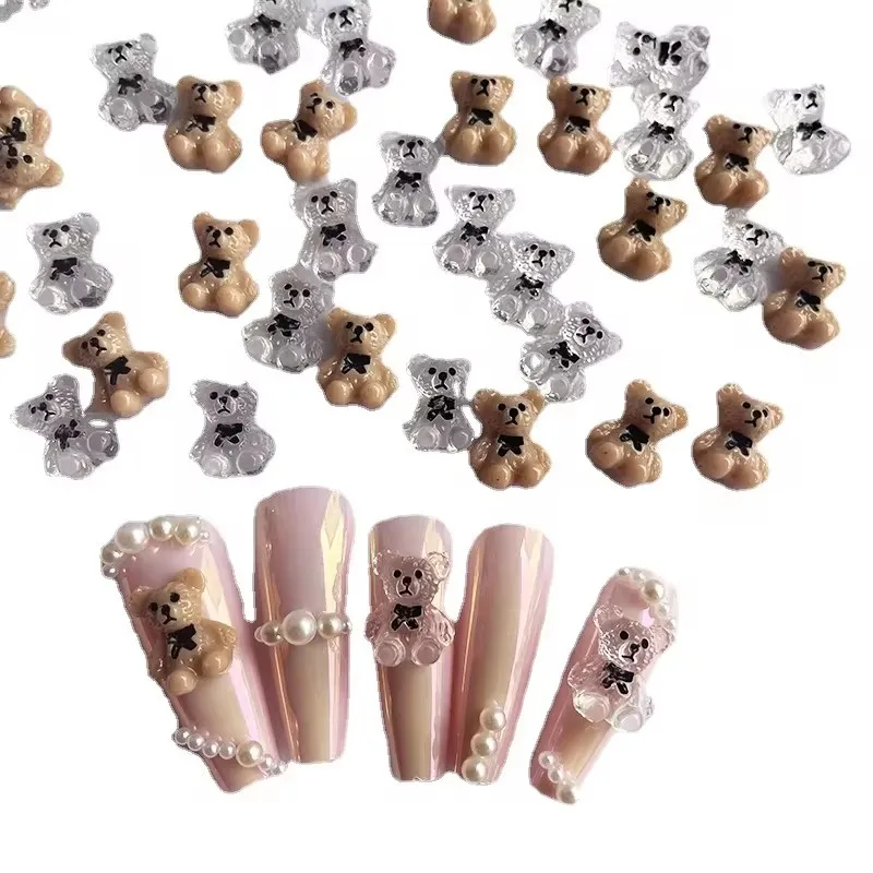20 stücke kawaii neue Nägel Zubehör 3d Cartoon Bär Bogen Nagel Charms große Fliege kleiner Bär klar Khaki Nagel Dekorationen Diamant
