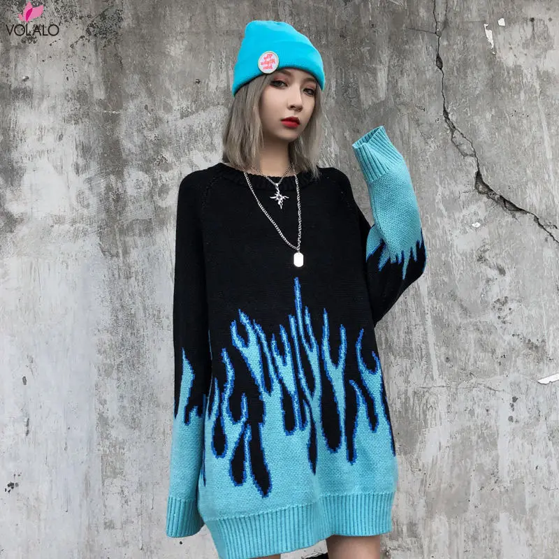 VOLALO 2024 New Sweater Female Hip-hop Style Flame Jacquard Women's Sweater Traf Couple Pullover Knit Top Loose Men's Sweater