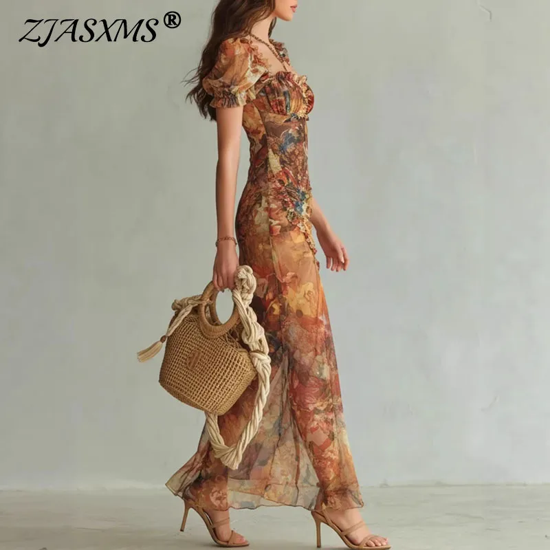 Boho Urlaubs-Sommerkleid für Damen, Frühling Quadratischer Ausschnitt Ausgehöhltes Bodycon Langes Kleid, Sexy Puffärmel Rüschen Maxikleid