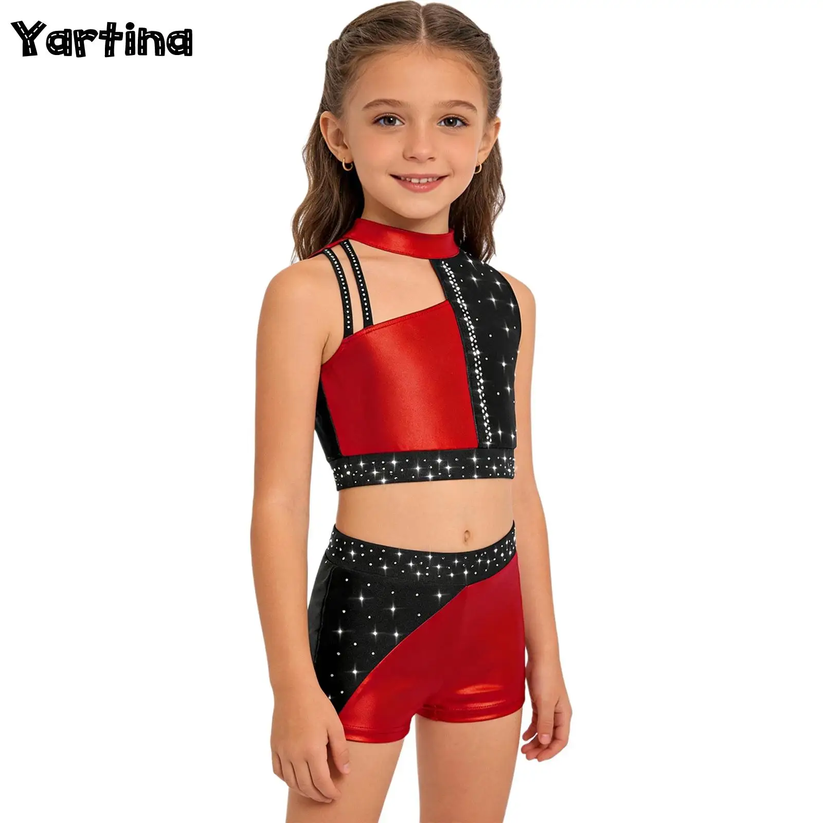 

Kids Girls Gymnastics Ballet Leotards Dance Outfit Performance Costume Shiny Rhinestones Metallic Crop Top with Shorts Dancewear