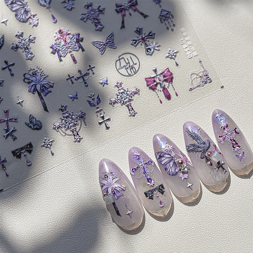 

Chic Purple Cross Lily Lilium Blooming Flower Bird Eagle Butterfly Star Bowknot Adhesive Nail Art Decoration Stickers Nail Decal
