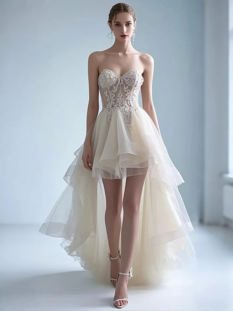 

Sexy Fashion Engagement Wedding Dress Asymmetrical Prom Gown Strapless Sleeveless Bridal Dress Appliques 2025 Free Customized