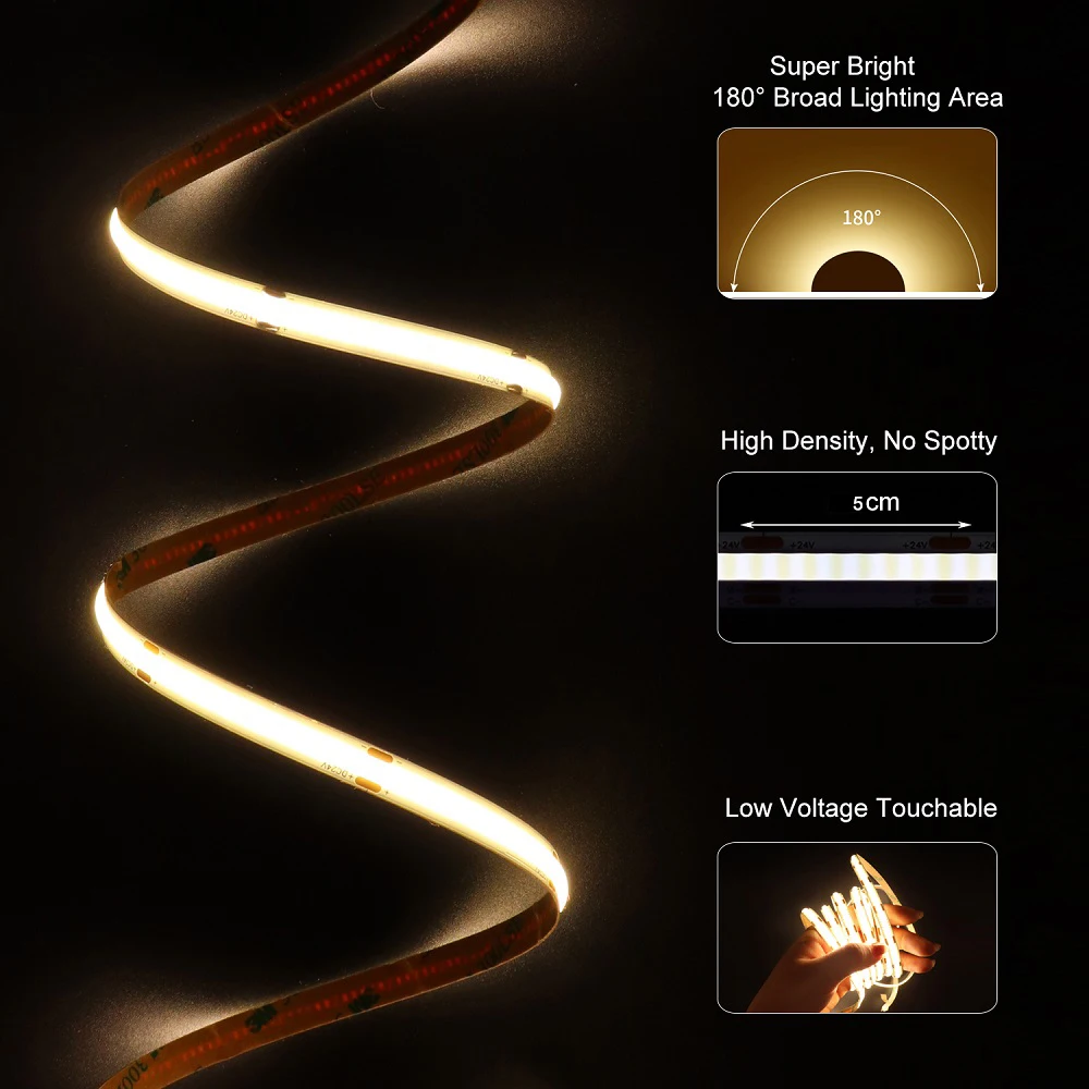COB LED Strip Light 480leds/m Linear Dimmable High Brightness Flexible Warm/Naturel/Cool White 24V 8mm COB Lamp RA90 Decor room