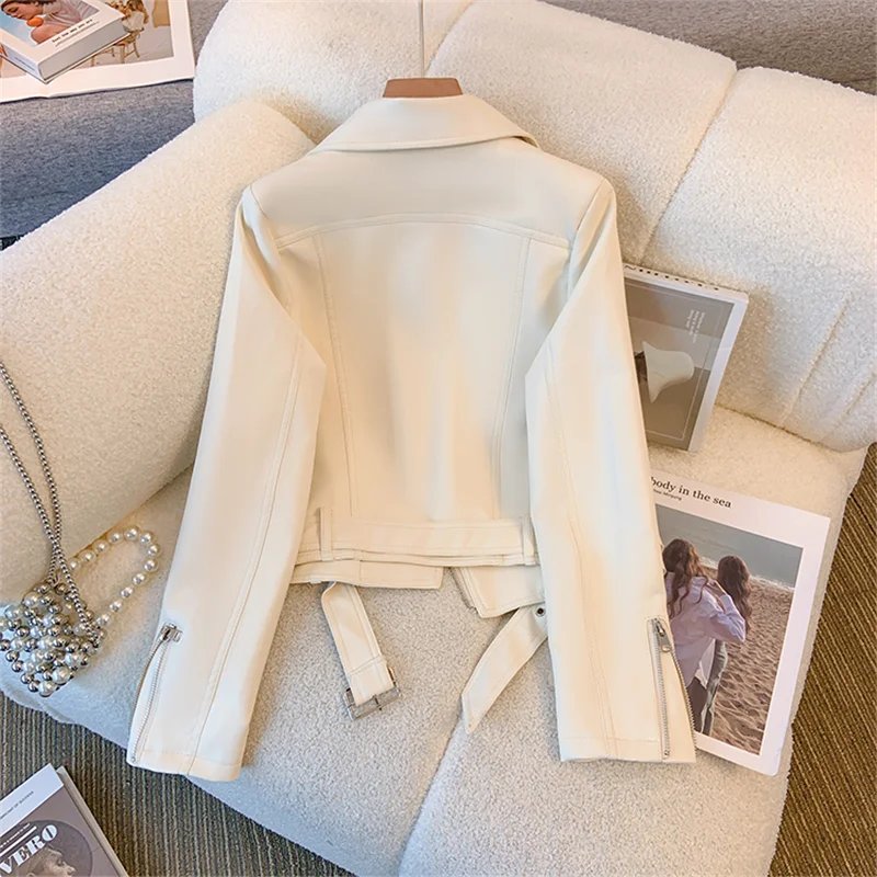 Streetwear Black Short Faux Pu Leather Jacket With Belt Women Beige Slim Short Coat Autumn Lapel Long Sleeve Female Biker Jacket