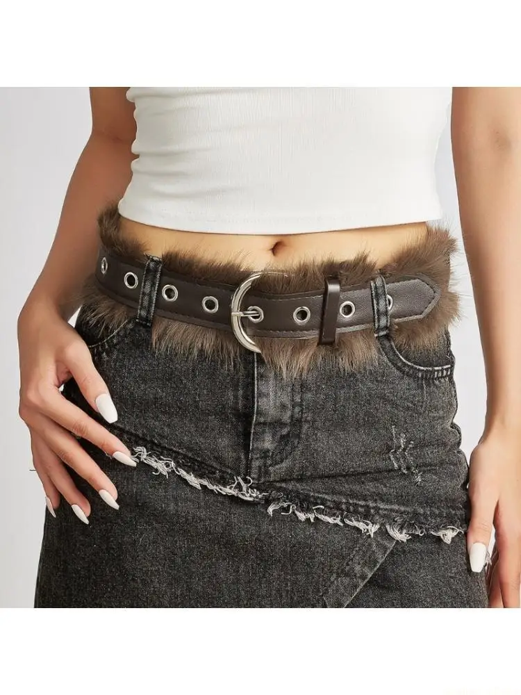 

31BF Wide Retro Faux Leather Belt Waist Girdle With Plush Accent, Adjustable Closure Sash For Outerwear Styling