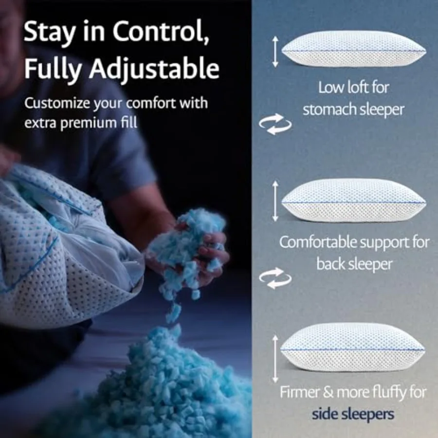 Cooling Gel Memory Foam Pillows Queen Size Set of 2 for Sleeping, Bamboo Rayon Adjustable Firm Shredded Foam Cool Bed Pillows 2