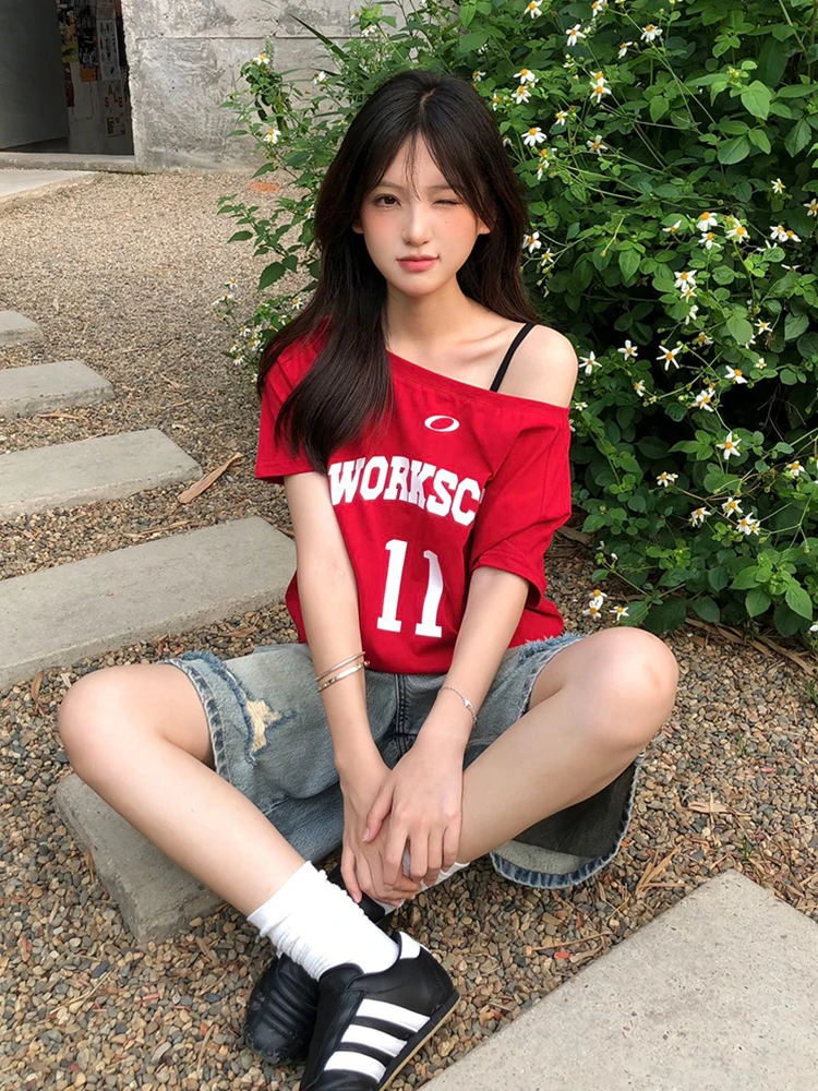 American Sle Spicy Girl Red One oulder ort Sve T-irt Women Summer Letter Print Casual Loose Slimming Top