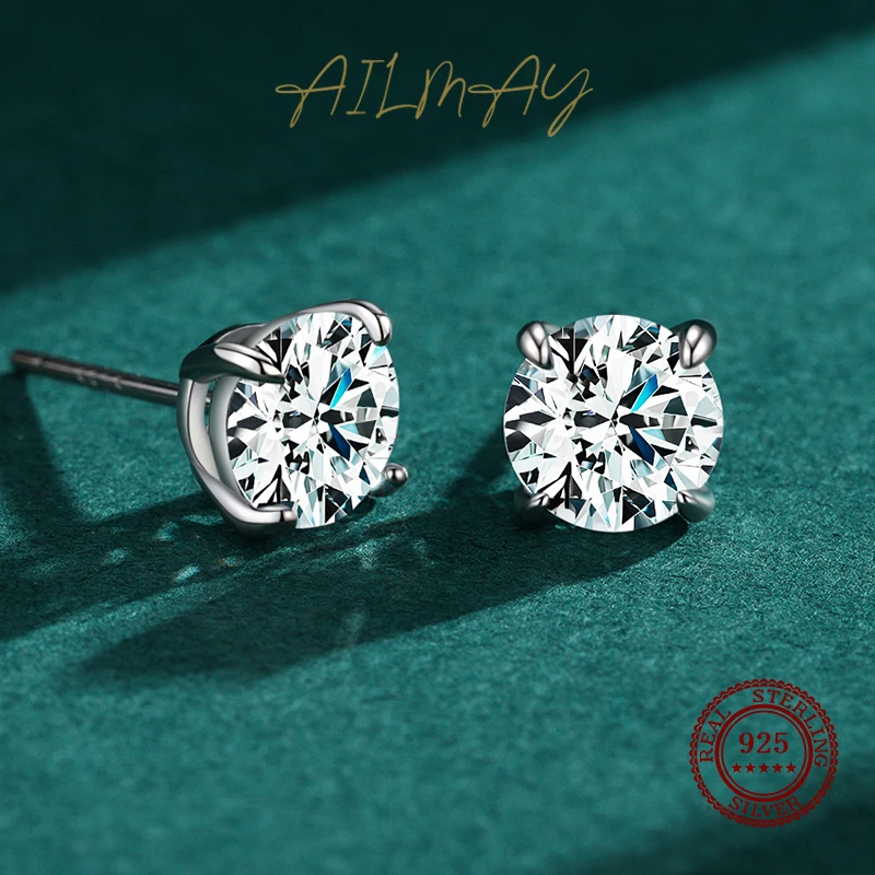 Ailmay Hot Sale Classic 925 Sterling Silver Round Clear Zircon Stud Earrings For Women Wedding Engagement Fine Female Jewelry 3