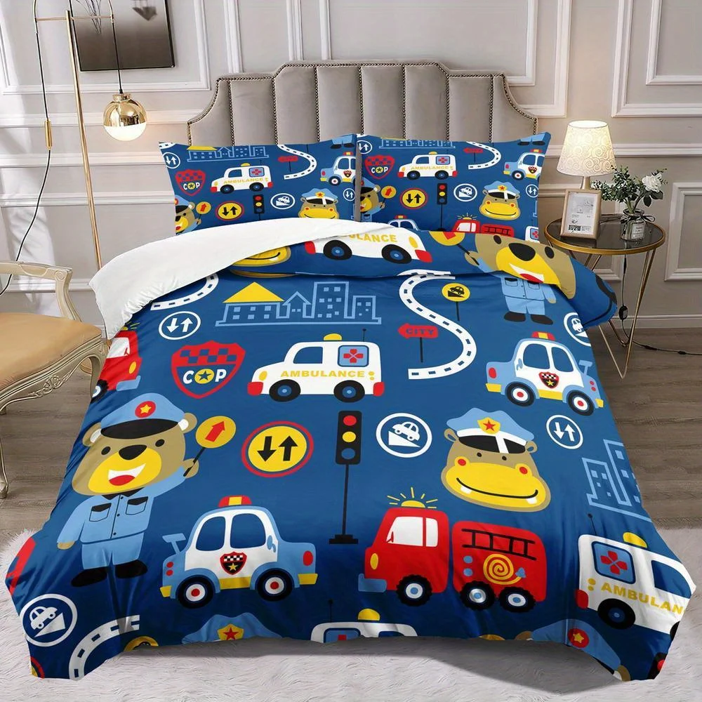 3pcs Car Duvet Cover Set Fashionable Classic Popular Cartoon Construction Vehicle Bedding Soft Comfortable Suitable for Home