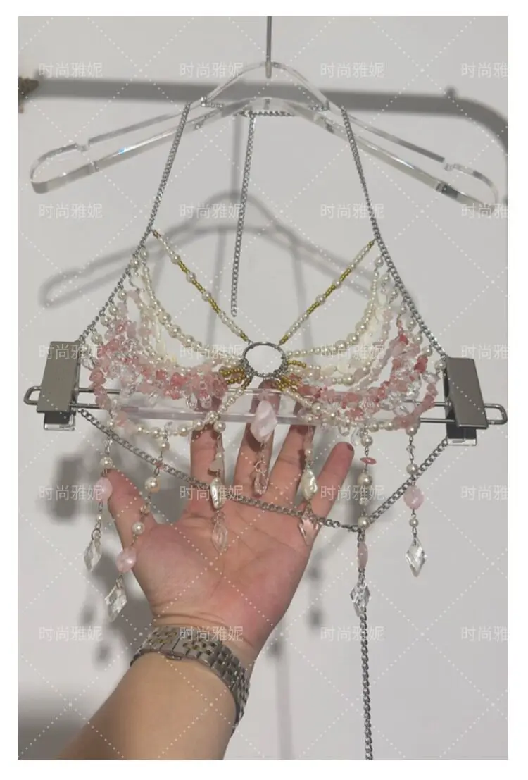 New Sexy Women Handmade Glitter Gold Color Stone Bead Body Chain Hollow Out Bikini Bra Top Holiday Beachwear Lingeie