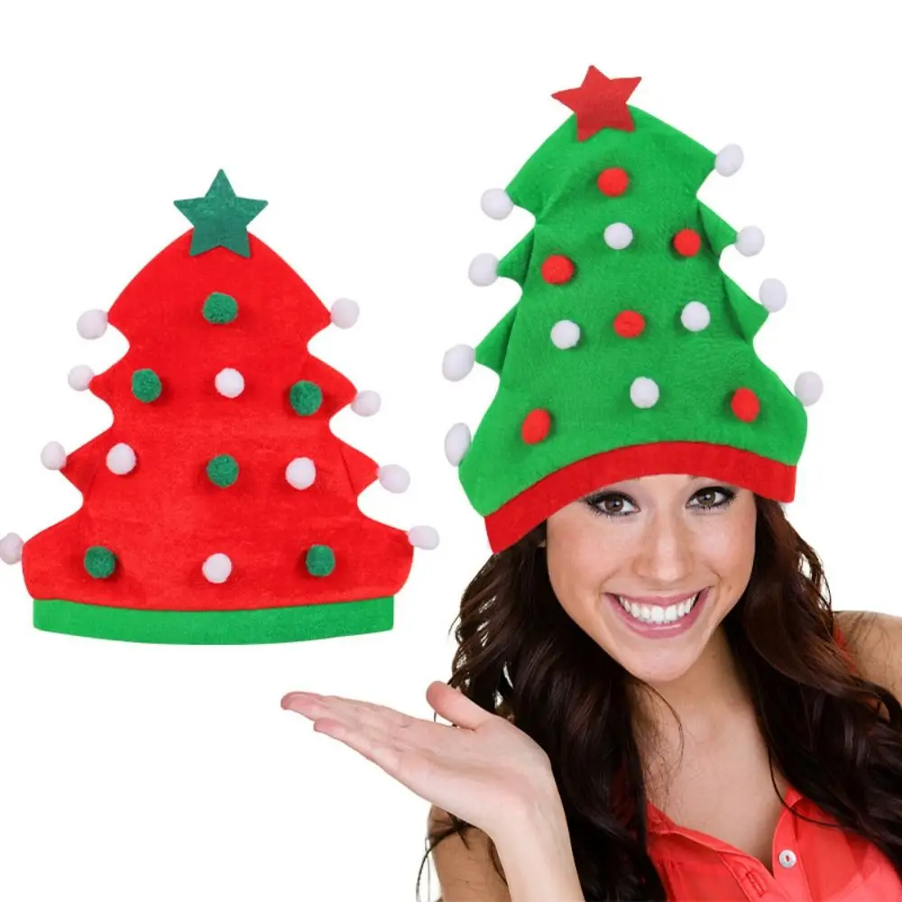 Festival Balls Christmas Tree Hat Red Green Xmas Cap Soft Star Santa Hat Winter