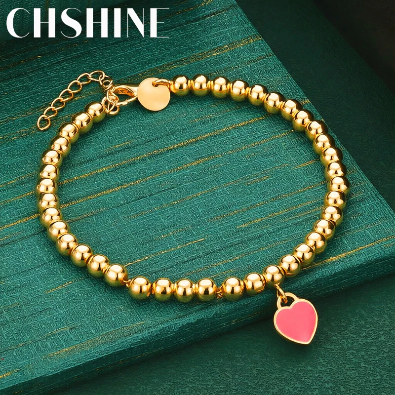 925 Sterling Silver 18K Gold  Beaded Bracelet Pink Heart Charm Shiny Round Ball Beads Women Sweet Jewelry Gift