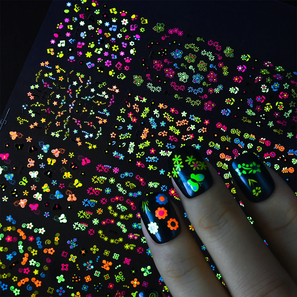 24Pcs/set Luminous Butterfly Flower Nail Sticker 3D Fluorescent Self-Adhesive Nail Decals Design Glow in the Dark Manicure Decor