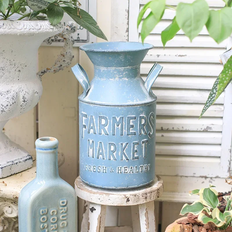 

Rustic Blue Metal Milk Can Vintage Flower Vase Farmhouse Garden Decor Metal Floral Arrangement Can Rustic Home Planter