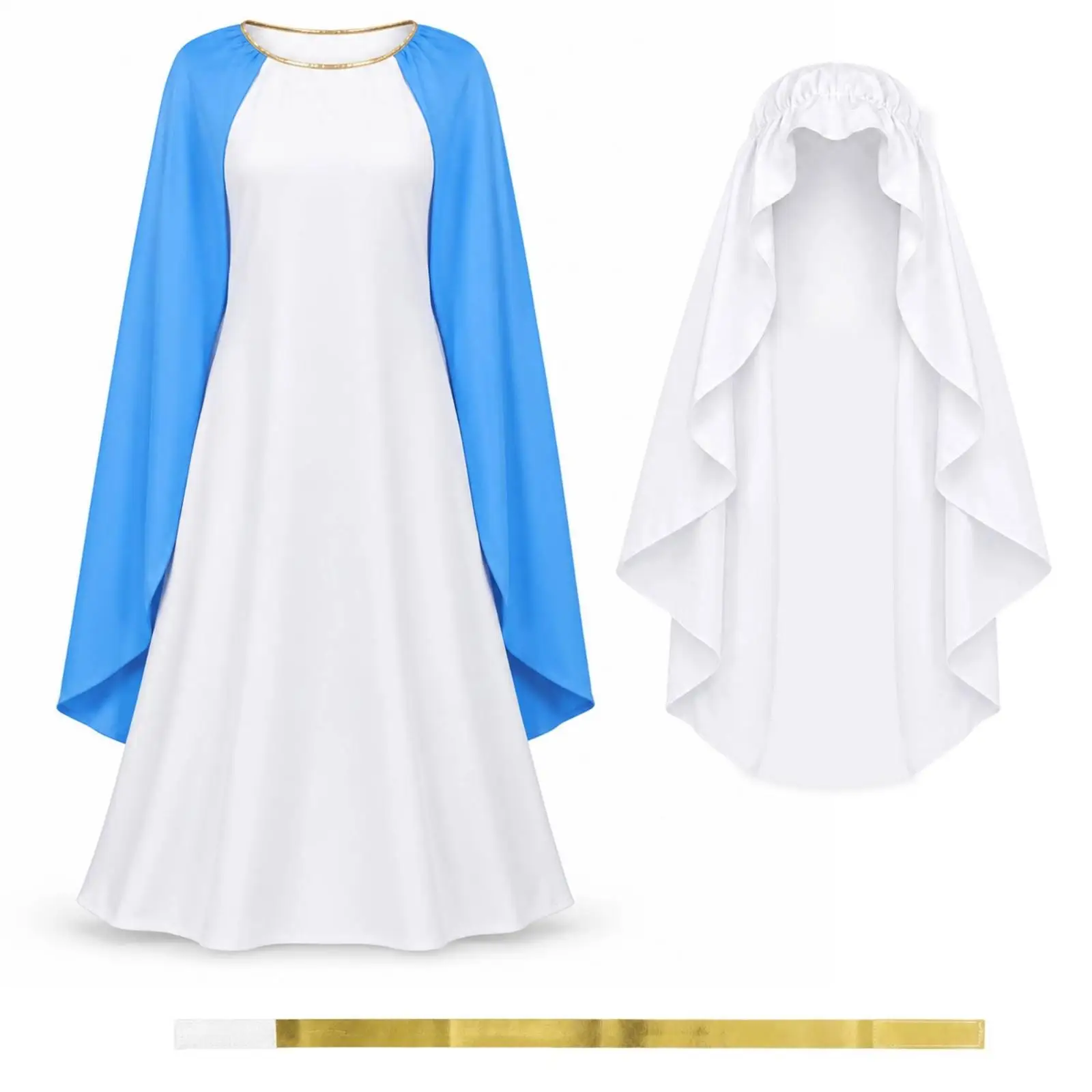 Halloween Costume for Women Rabbit Fur Hooded Dress Long White Robe with Blue Draped Sleeves Fantasy