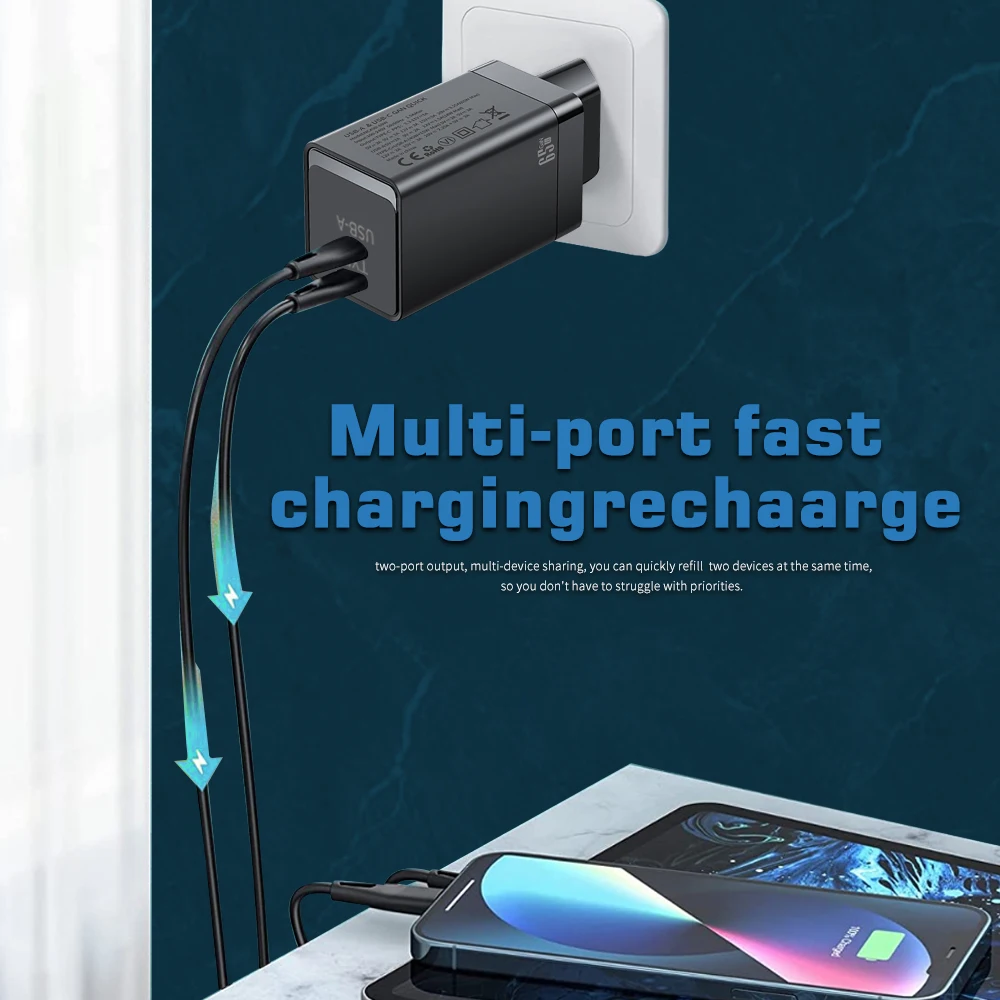 65W GaN USB C Charger Quick Charge 3.0 Phone Charger Type C Fast USB Charger For iPhone 15 14 13 12 Pro Samsung Xiaomi 13 Huawei