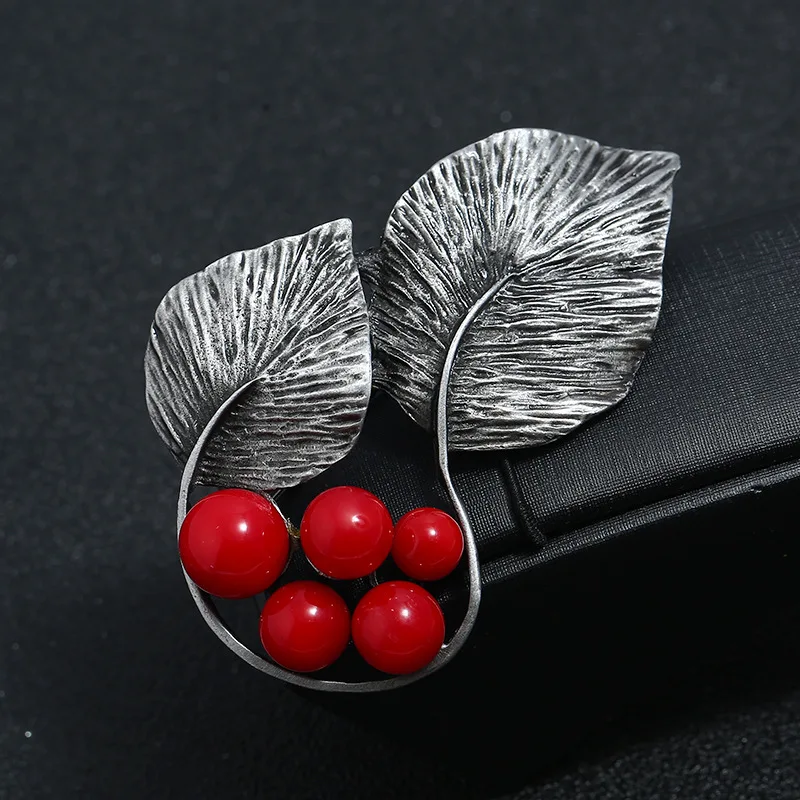 Women Girls Silver Color Flower Leaves Pearl Enamel Pins Brooches Classic Vintage Plant Series Badges Corsage Cloth Coat Jewelry