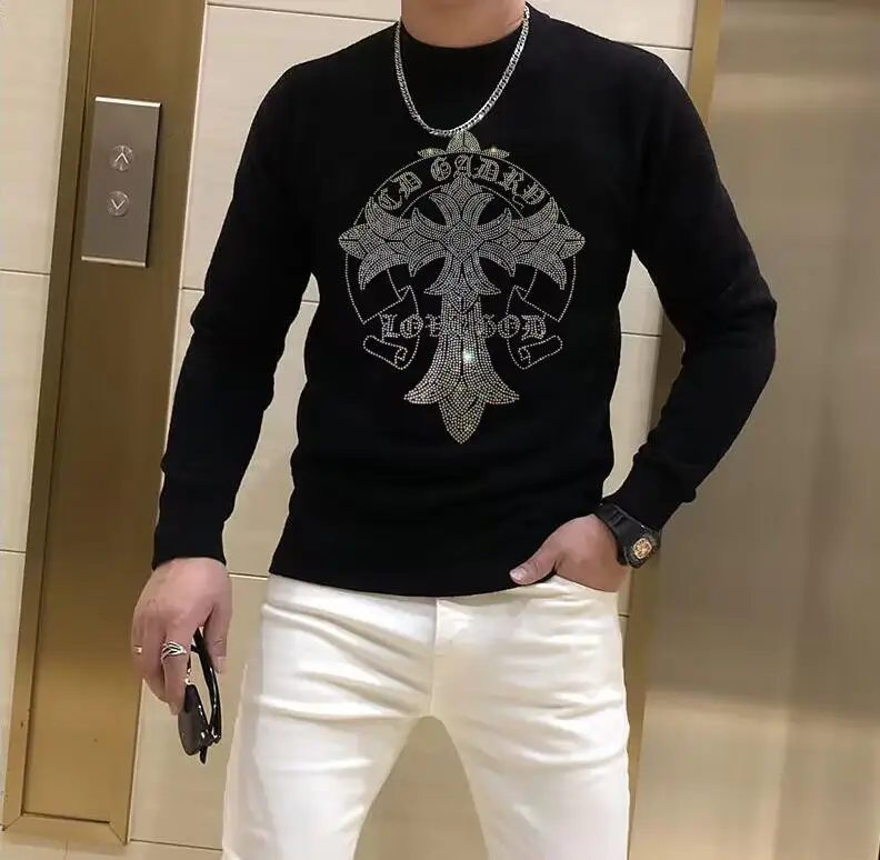 

Streetwear Rhinestone pullover sweaters Men Hip Hop Clothes Top Pullover drop shipping