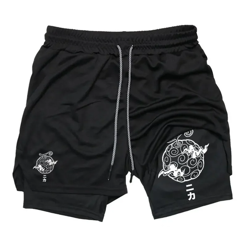 One Piece Nika Anime Men Gym Shorts Streetwear Casual Double-layer Sports Pants Graphic Print Elastic Waist Summer Sportswear