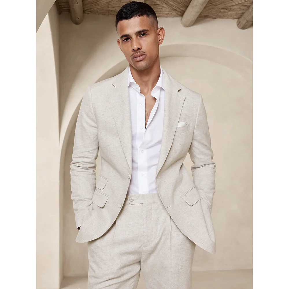 Beige Linen Men Suits 2 Piece Summer Single Breasted Notch Lapel Suits Slim Causal Daily Formal Wedding Tuxedo (Blazer+Pants)