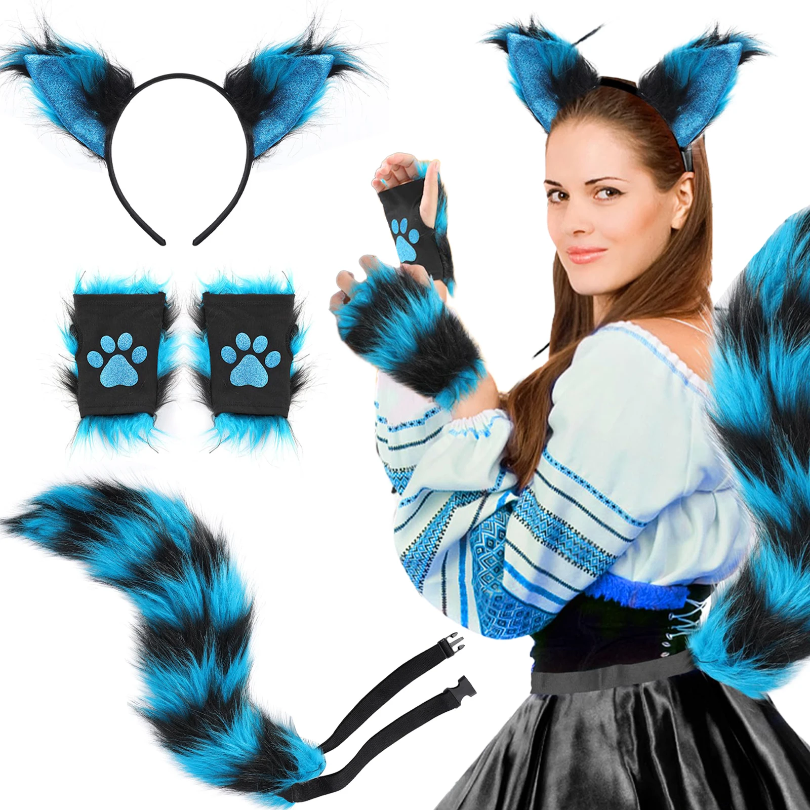 Cat Wolf Fox Tail Faux Fur Ears Headband Paws Gloves Set dla dorosłych dzieci Halloween Christmas Fancy Dress Party Cosplay Costume G