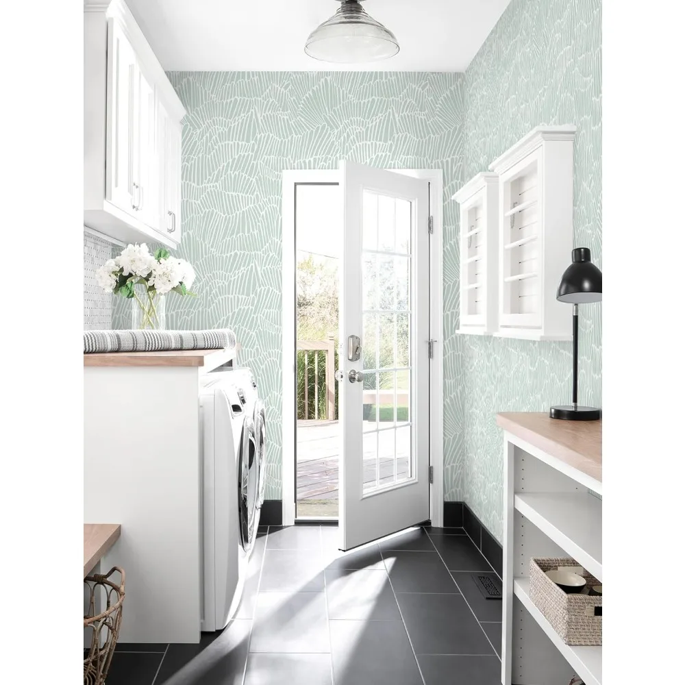 ورق جدران بوهو مخطط باللونين الأخضر والأبيض الحديث قابل للإزالة للداخلية الاستوائية الساحلية