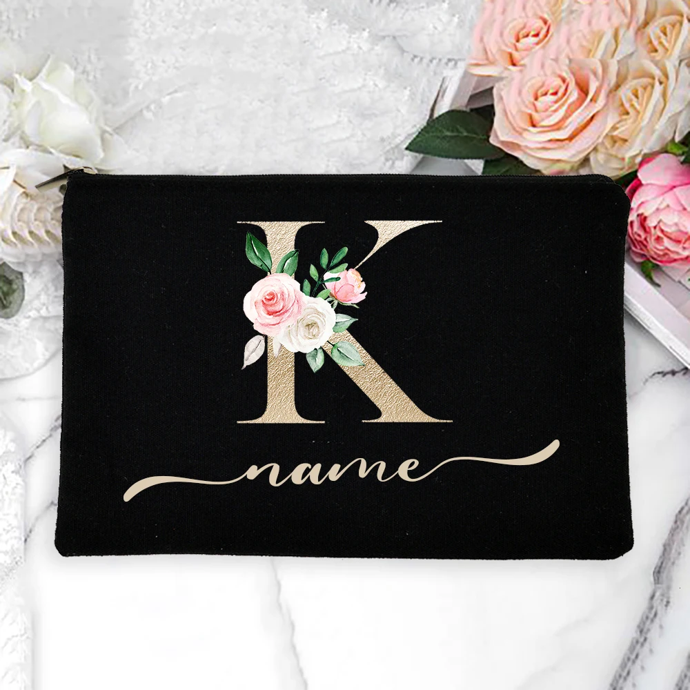 Custom Name Travel Party Wedding Gifts Personalized Name Women Makeup Bag Gold Alphabet Flowers Canvas Cosmetic Cases Handbag