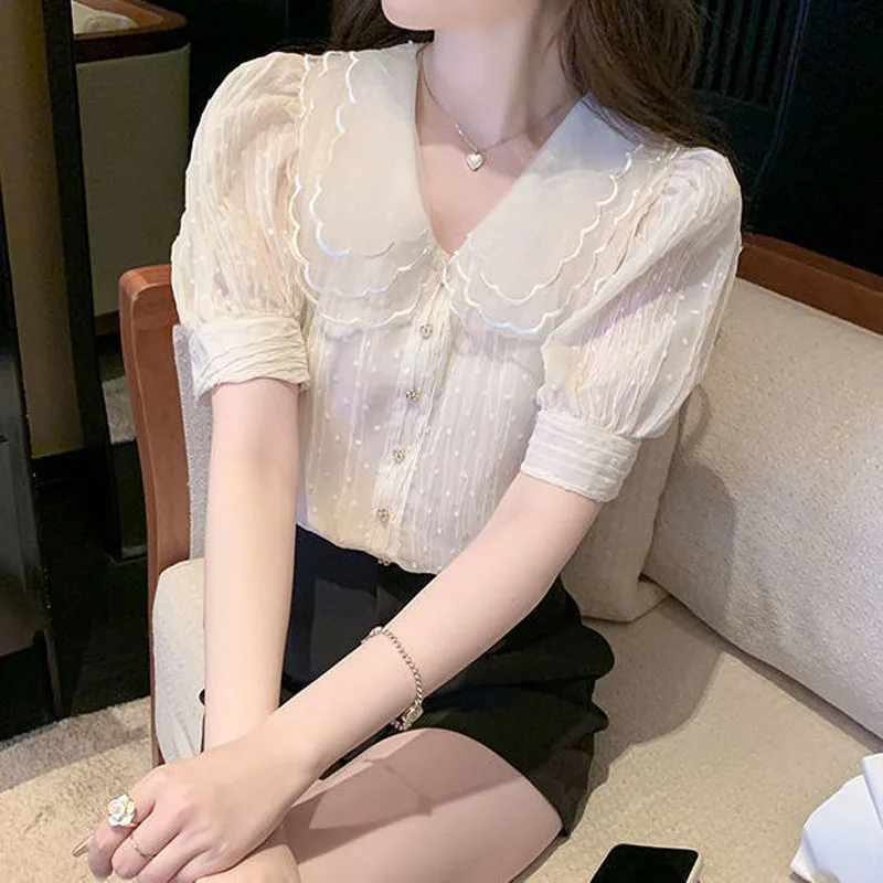 Sweet Kawaii Peter Pan Collar Women\'s Blouses Summer New Female Clothing Loose Korean Fashion Embroidery Solid Puff Sleeve Shirt