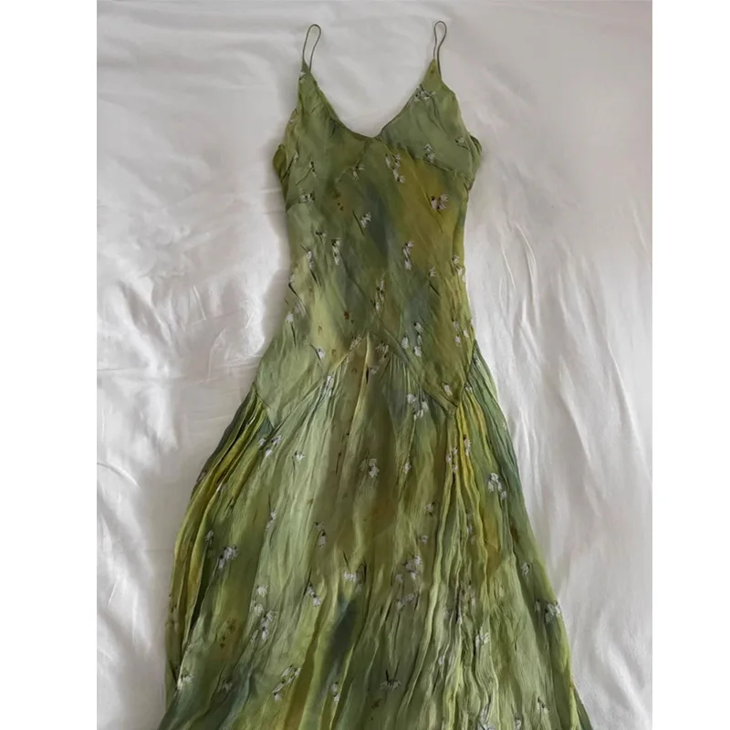 2025年新作 ヴィンテージ エレガント フレンチフローラルプリント Vネック ストラップレス ミディ丈ワンピース レトロ レディース スイート サマーバケーションスタイル ロングワンピース