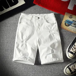 Men White Denim Shorts Summer Holes Casual Shorts Stretch Jeans Men Cotton Solid Slim Fit Shorts Pants Elastic Knee Length Pants