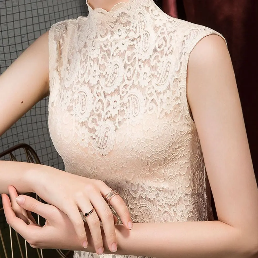 ファッションハーフハイカラー花柄タンクトップ中空ブラックホワイトレースシャツノースリーブベスト女性女の子