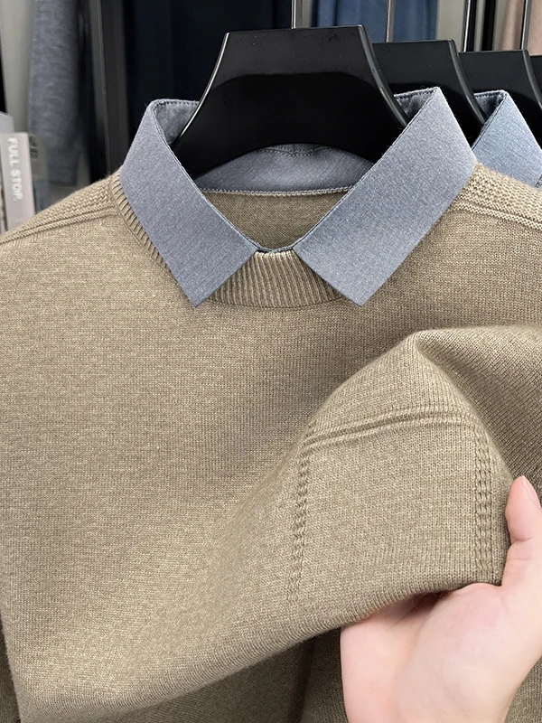 

Мужская вязаная рубашка с воротником, плотная, с длинным рукавом, в повседневном стиле, имитация двухслойности, из полиэстера, нейлона, акрила, стандартный крой