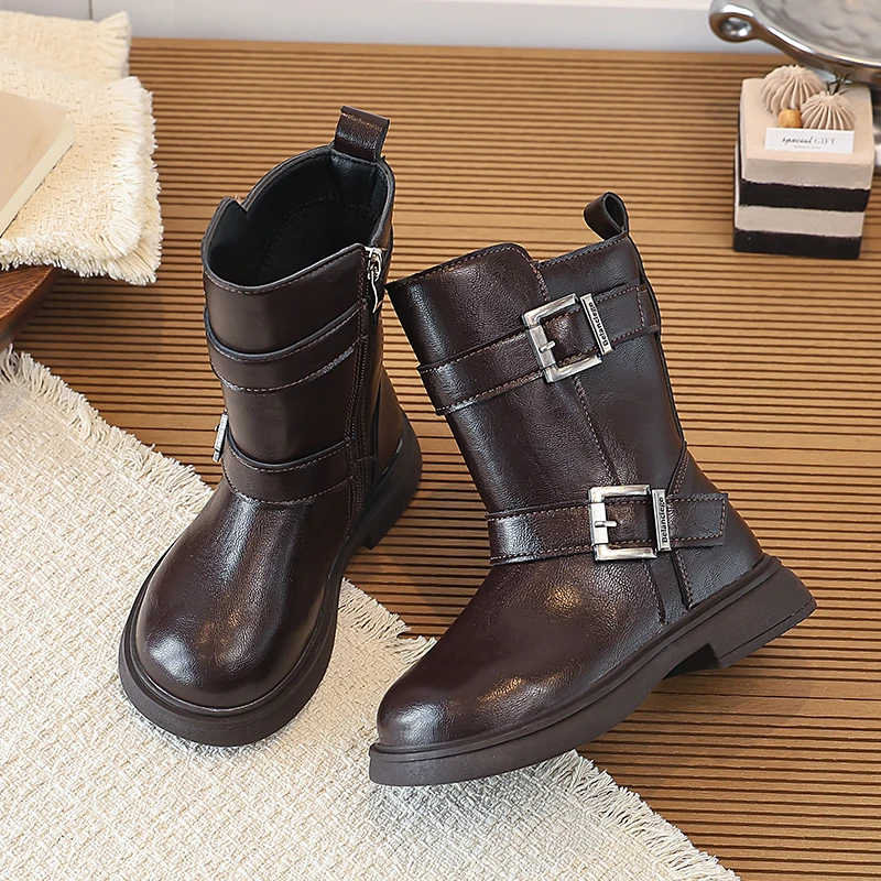 Girls Fashion Motorcycle Mid‑Calf Boots, Double Metal Buckle Decor Kids Retro Knight Boots, Children Autumn Winter Boots