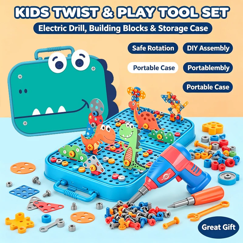 351Pieces Children Tool Set Electric Drill Screw Nut Puzzle Toys Pretend Play Dinosaur Drilling Assembly Educational Toy Boy
