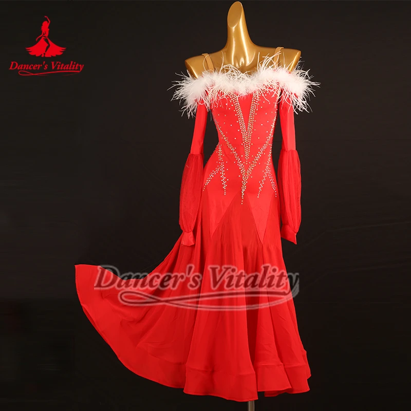 Vestido de baile Social con plumas y mangas largas con hombros descubiertos y piedras AB rojas para adultos, ropa para practicar y realizar vals vienés