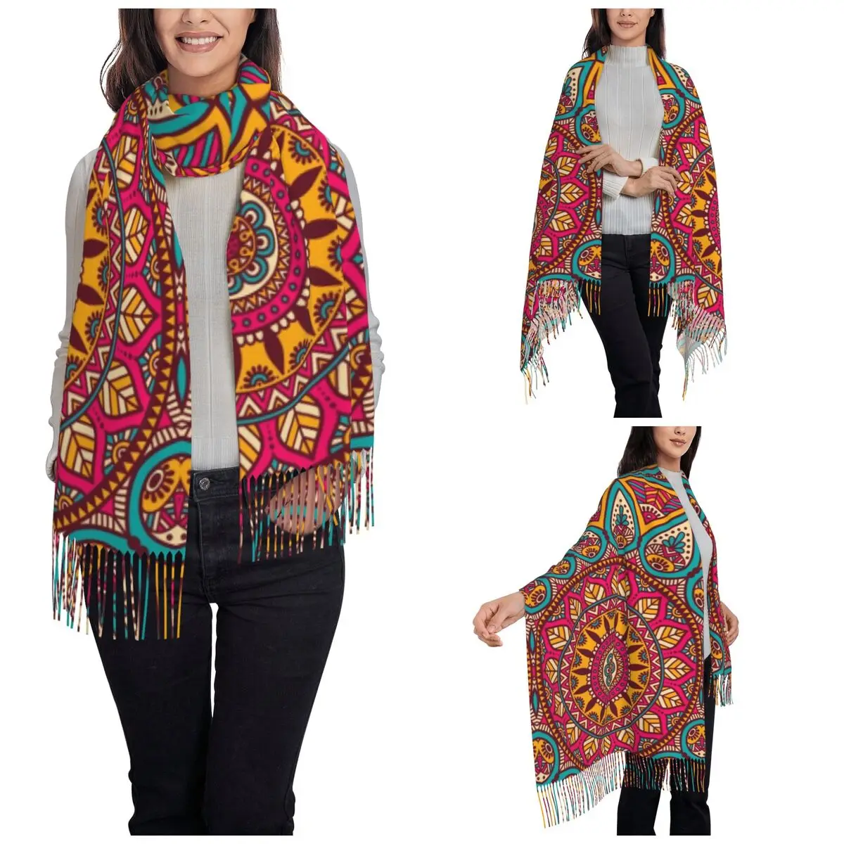 Buddhist Mandala Scarf for Women Winter Warm Shawls and Wrap Bohemian Long Scarves with Tassel for Ladies