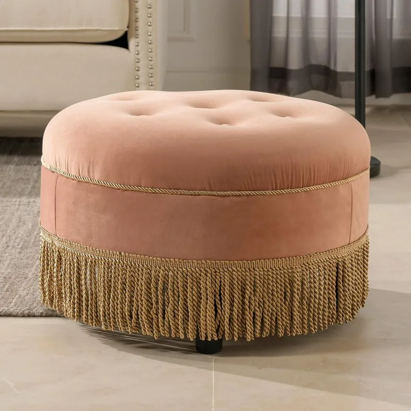 Upholstered Round Accent Ottoman, Peach Orange Velvet with Gold Trim