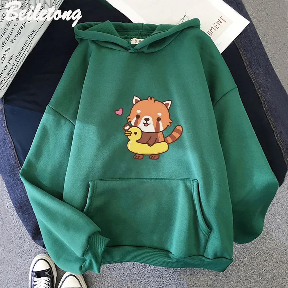 Cute Red Panda with Yellow Duck Pool Float Summer Hoodie for Men Women Unisex Manga Oversized Winter Autumn Kawaii Sweatshirts