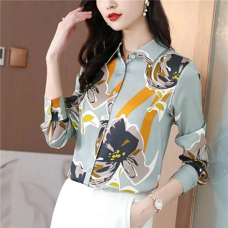 

Women's Heavy Silk irt Spring New Temperament Painted Peony Ne Long Sve Commute Sle Faion Ladies' irt