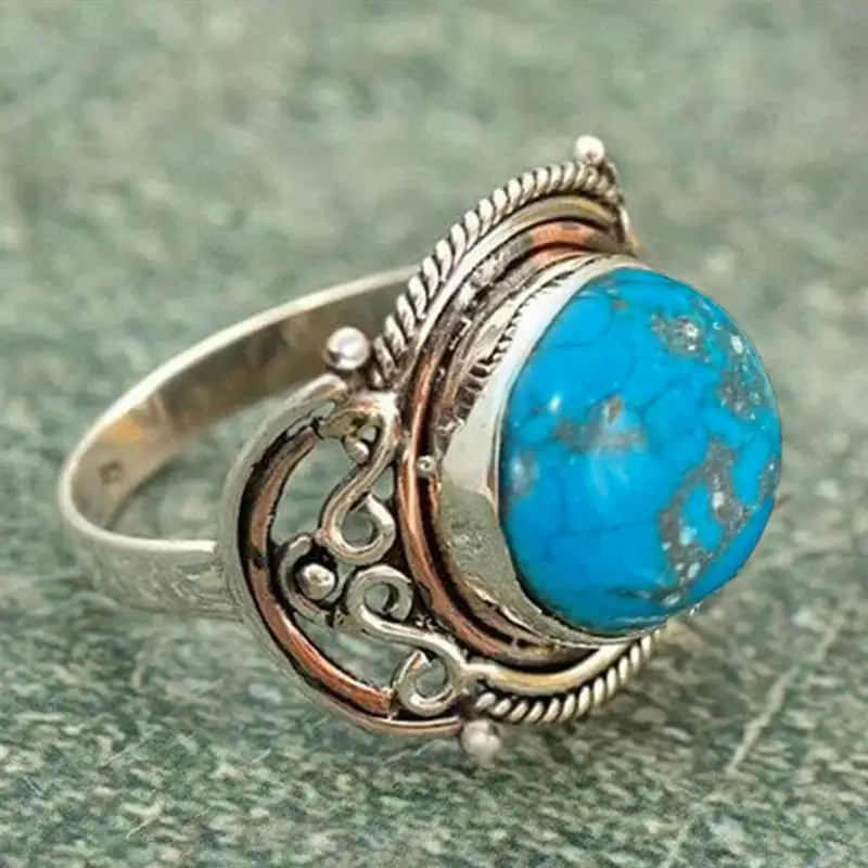 Huitan Vintage Women Two Tone Ring Inlaid Created Turquoise Bohemian Jewelry for Party Antique Elegant Statement Accessories