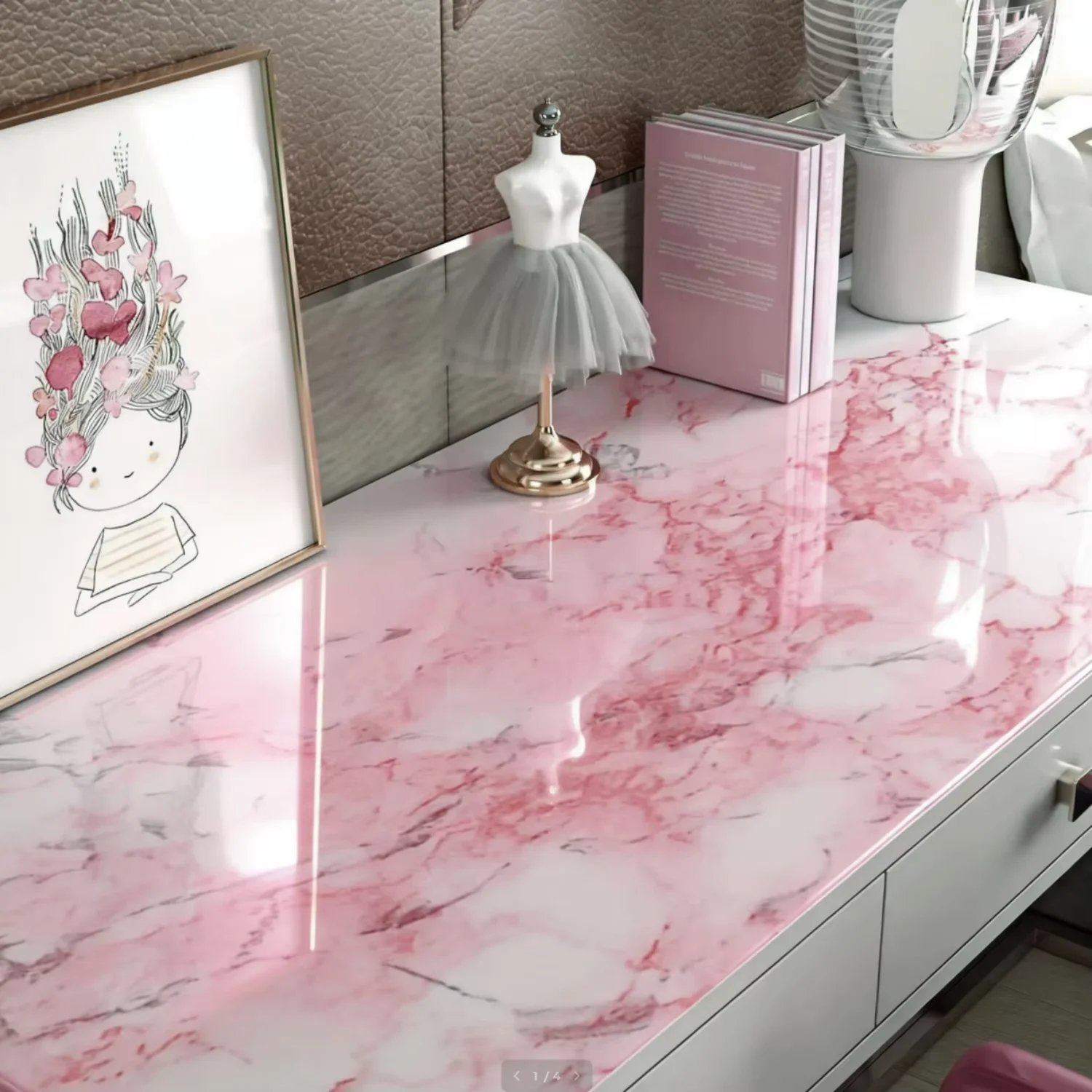 

Глянцевая розовая мраморная самоклеящаяся пленка для кухонных столешниц, гранитные обои, водонепроницаемая, маслостойкая наклейка для домашнего декора