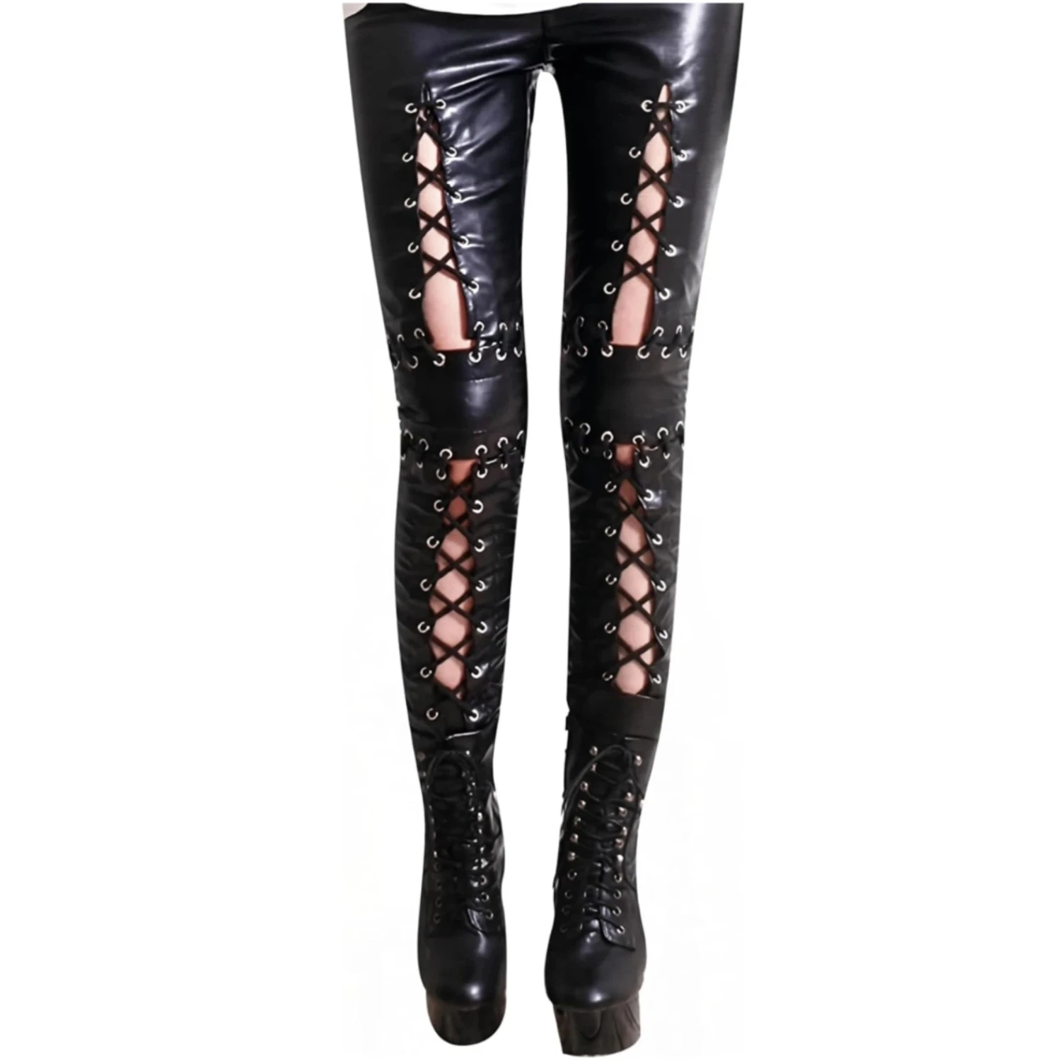 Women Faux Leather Pants Gothic Lace Up Pant Punk Rock Hollow Out Trousers