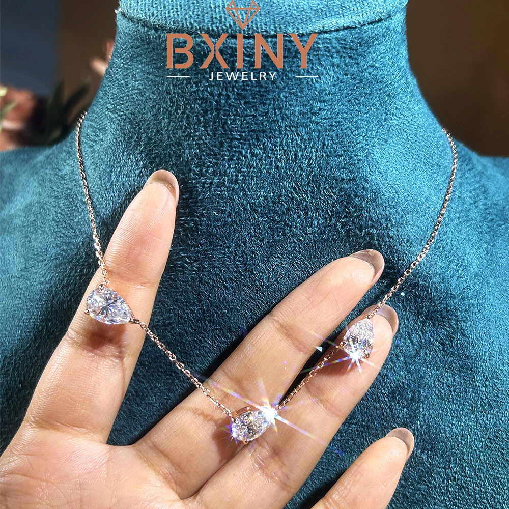 

BXINY 3-Stone WaterDrop Moissanite Pendant Necklace 100% S925 Silver East West Pear Cut Diamond Neck Chain for Women Jewelry GRA