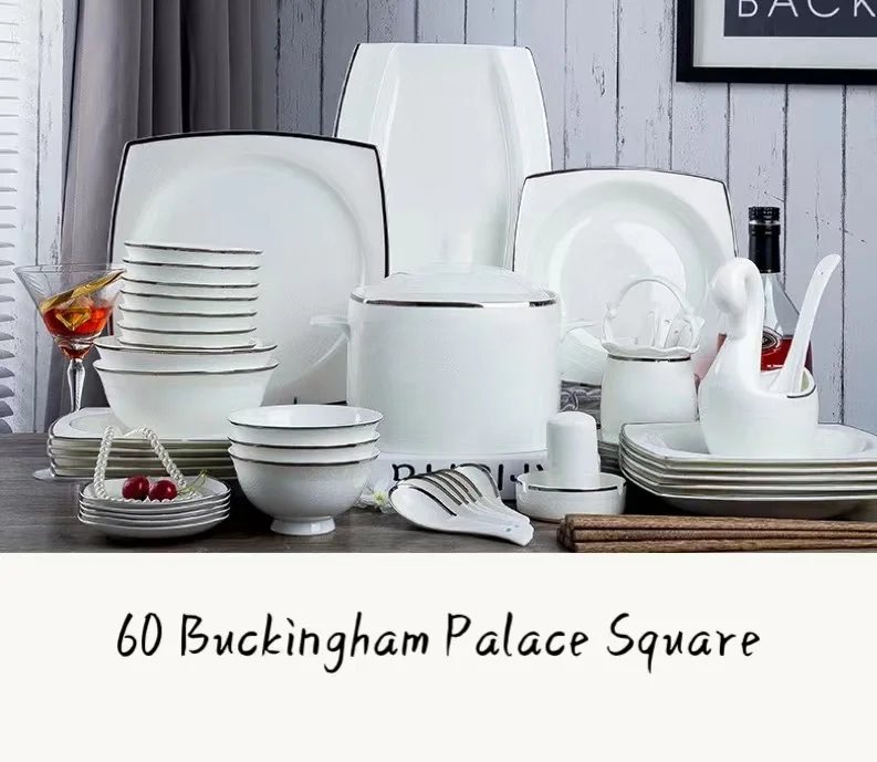 Wholesale Buckingham Palace Square Porcelain Tableware Set White Pottery Bone China Tableware Set